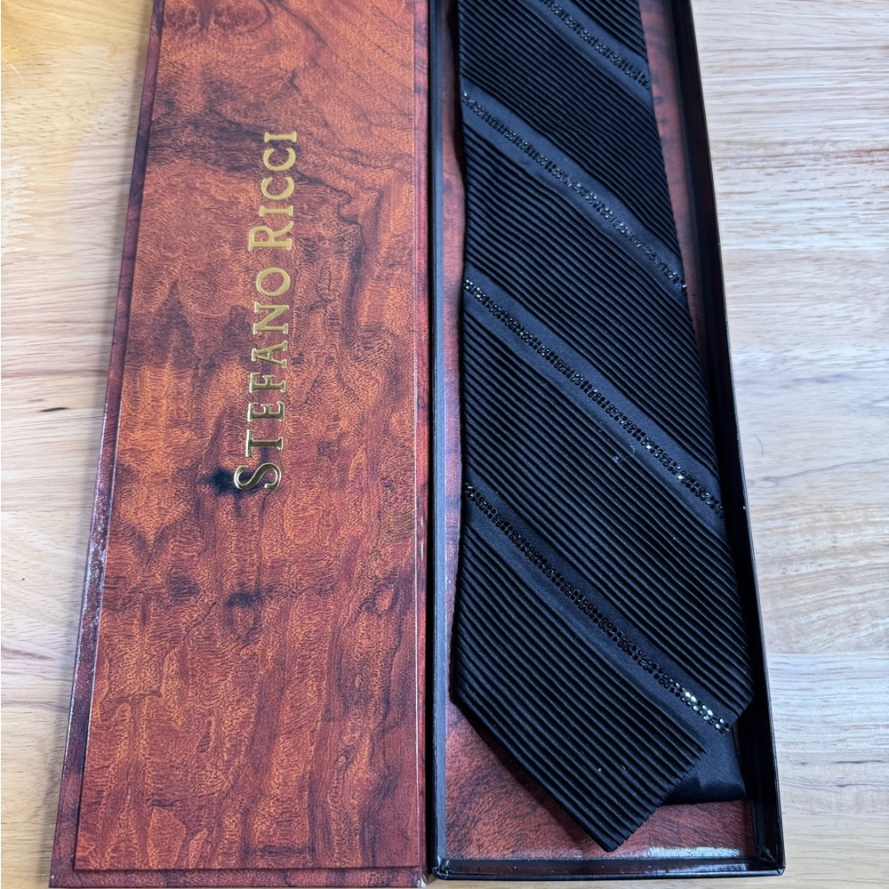 Stefano Ricci Black Pleaded Silk Tie with Swarovski Crystals
